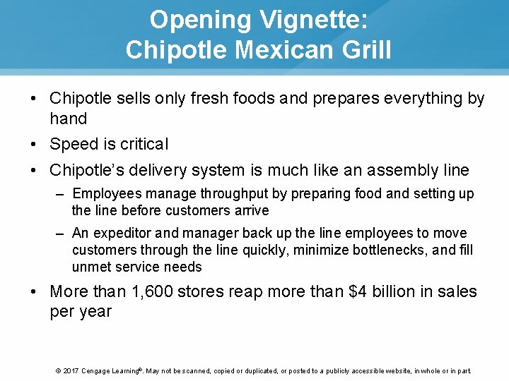 Opening Vignette: Chipotle Mexican Grill • Chipotle sells only fresh foods and prepares everything