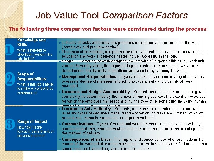 Job Value Tool Comparison Factors The following three comparison factors were considered during the