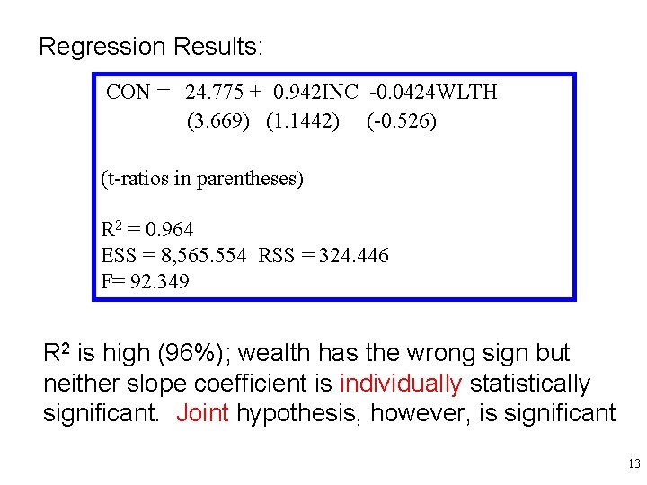 Regression Results: CON = 24. 775 + 0. 942 INC -0. 0424 WLTH (3. Regression Results: CON = 24. 775 + 0. 942 INC -0. 0424 WLTH (3.
