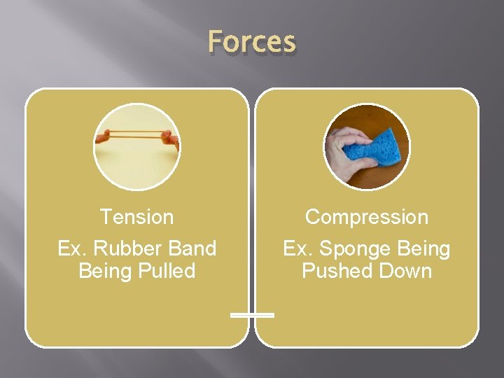 Forces Tension Ex. Rubber Band Being Pulled Compression Ex. Sponge Being Pushed Down 