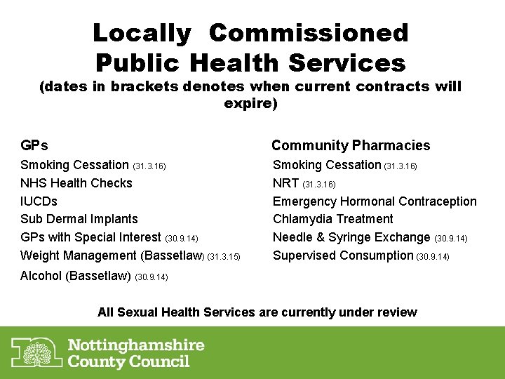 Locally Commissioned Public Health Services (dates in brackets denotes when current contracts will expire)