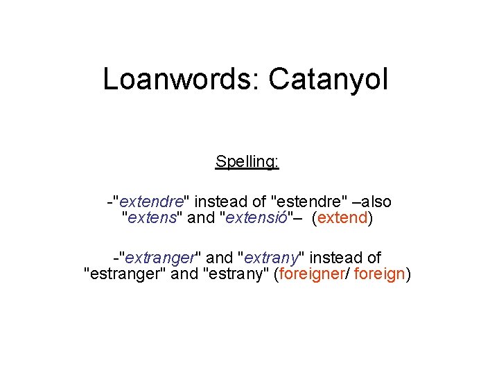 Loanwords: Catanyol Spelling: -"extendre" instead of "estendre" –also "extens" and "extensió"– (extend) -"extranger" and