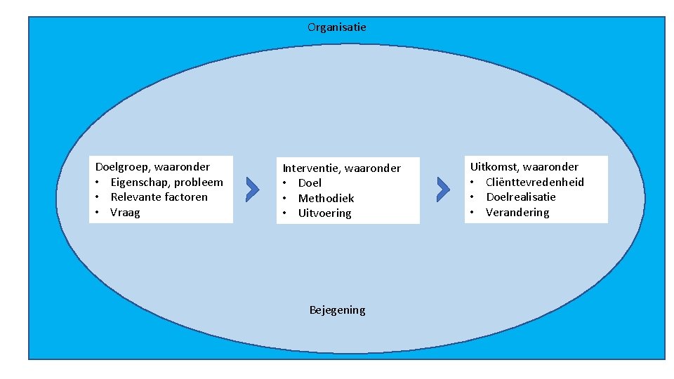 Organisatie Doelgroep, waaronder • Eigenschap, probleem • Relevante factoren • Vraag Interventie, waaronder •