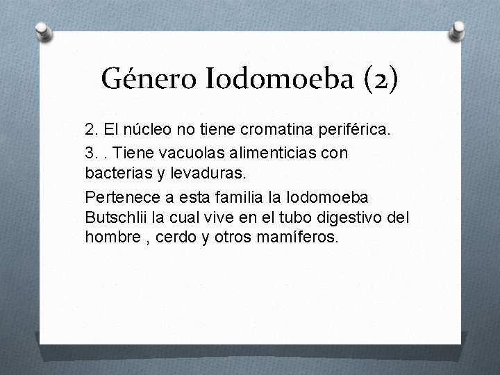 Género Iodomoeba (2) 2. El núcleo no tiene cromatina periférica. 3. . Tiene vacuolas