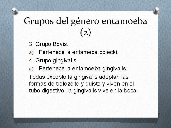 Grupos del género entamoeba (2) 3. Grupo Bovis. a) Pertenece la entameba polecki. 4.