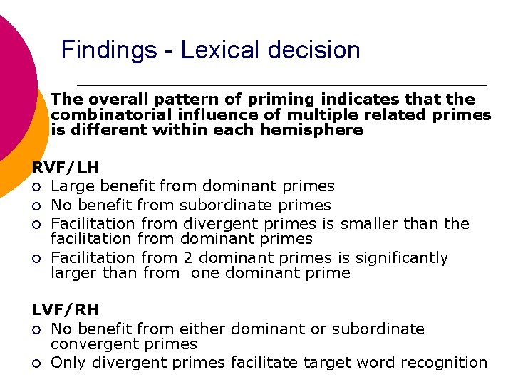 Findings - Lexical decision The overall pattern of priming indicates that the combinatorial influence