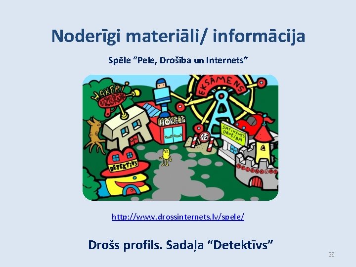 Noderīgi materiāli/ informācija Spēle “Pele, Drošība un Internets” http: //www. drossinternets. lv/spele/ Drošs profils.