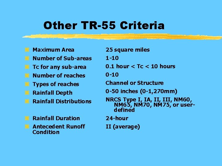 Other TR-55 Criteria z Maximum Area 25 square miles z Number of Sub-areas 1