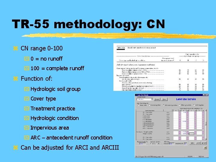 TR-55 methodology: CN z CN range 0 -100 y 0 = no runoff y