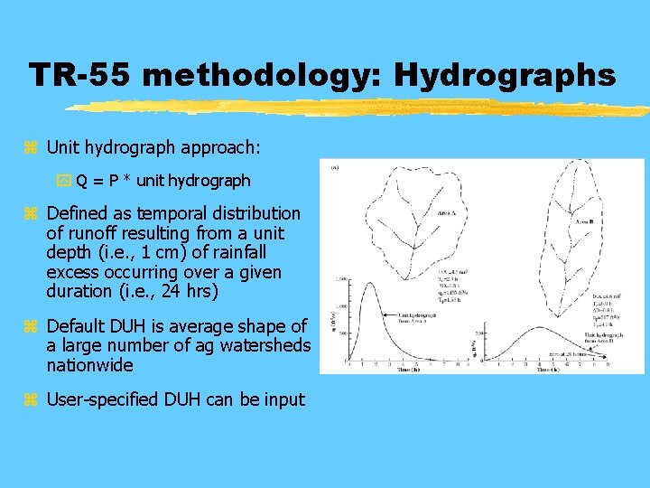 TR-55 methodology: Hydrographs z Unit hydrograph approach: y Q = P * unit hydrograph