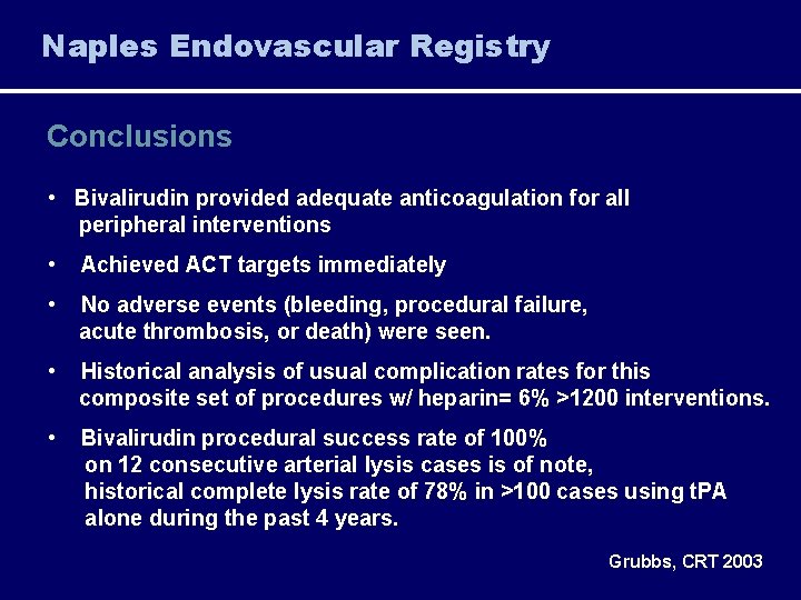 Naples Endovascular Registry Conclusions • Bivalirudin provided adequate anticoagulation for all peripheral interventions •
