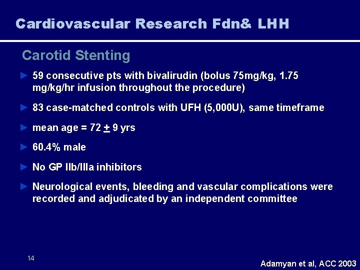Cardiovascular Research Fdn& LHH Carotid Stenting ► 59 consecutive pts with bivalirudin (bolus 75