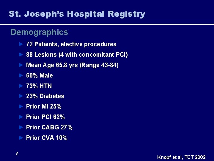 St. Joseph’s Hospital Registry Demographics ► 72 Patients, elective procedures ► 88 Lesions (4