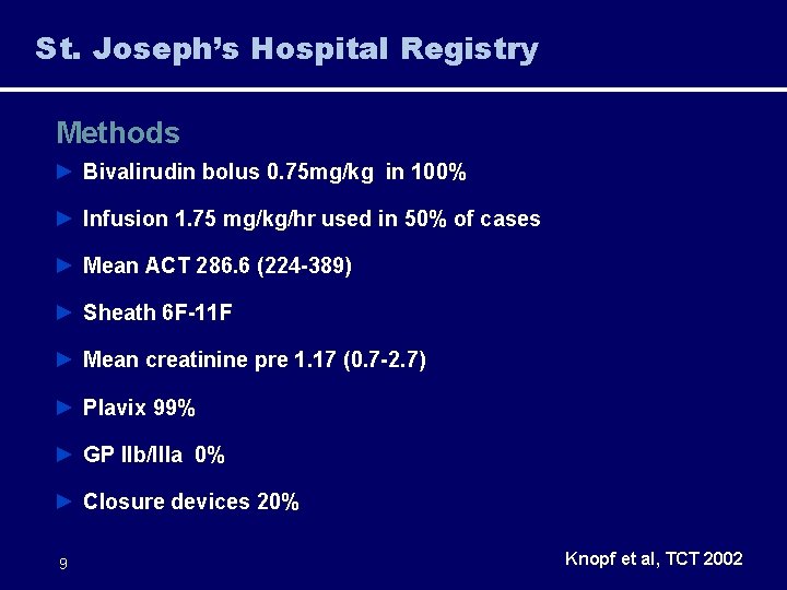 St. Joseph’s Hospital Registry Methods ► Bivalirudin bolus 0. 75 mg/kg in 100% ►