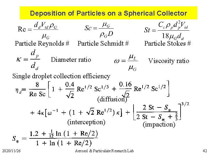 Deposition of Particles on a Spherical Collector Particle Reynolds # Particle Schmidt # Diameter