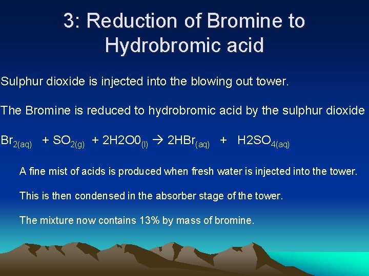 3: Reduction of Bromine to Hydrobromic acid Sulphur dioxide is injected into the blowing