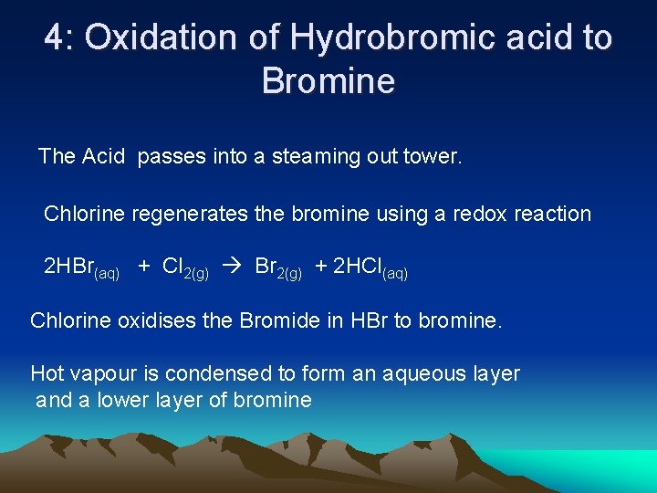 4: Oxidation of Hydrobromic acid to Bromine The Acid passes into a steaming out