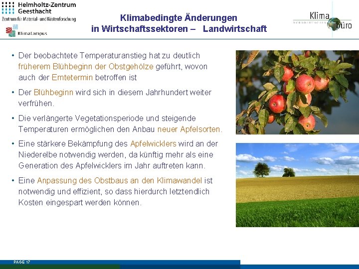 Klimabedingte Änderungen in Wirtschaftssektoren – Landwirtschaft • Der beobachtete Temperaturanstieg hat zu deutlich früherem