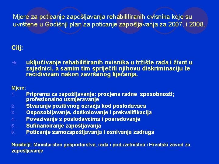 Mjere za poticanje zapošljavanja rehabilitiranih ovisnika koje su uvrštene u Godišnji plan za poticanje