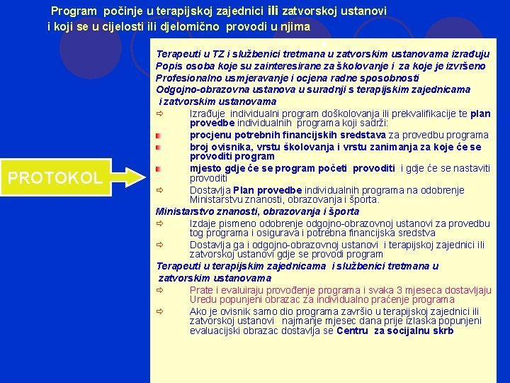 Program počinje u terapijskoj zajednici ili zatvorskoj ustanovi i koji se u cijelosti ili