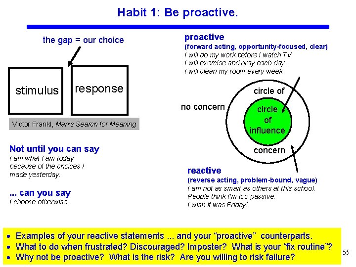 Habit 1: Be proactive. the gap = our choice stimulus proactive (forward acting, opportunity-focused,