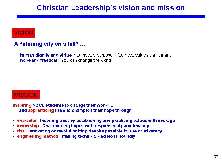 Christian Leadership’s vision and mission VISION A “shining city on a hill” … human