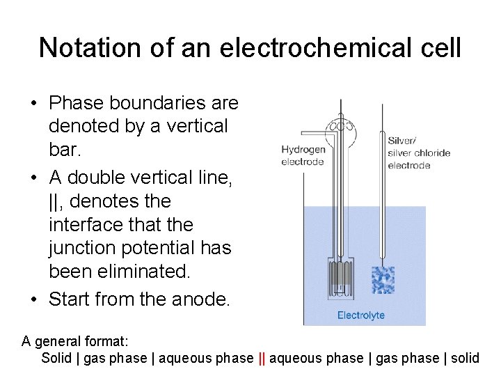 Notation of an electrochemical cell • Phase boundaries are denoted by a vertical bar.