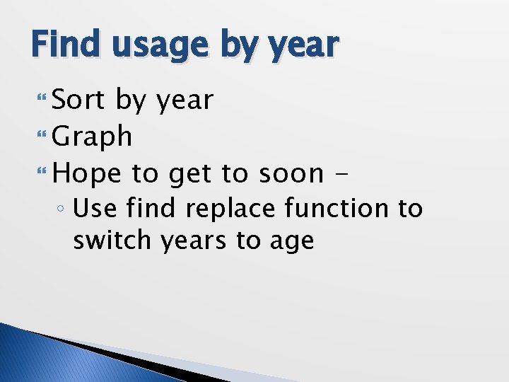 Find usage by year Sort by year Graph Hope to get to soon -