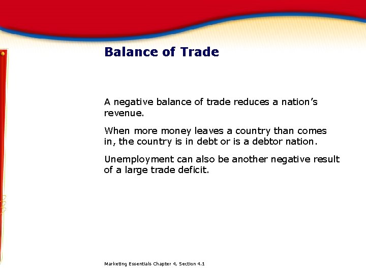 Balance of Trade A negative balance of trade reduces a nation’s revenue. When more