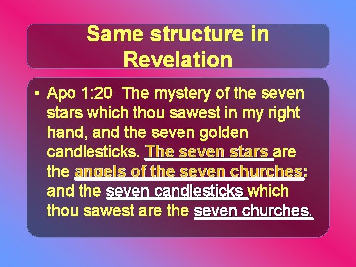 Same structure in Revelation • Apo 1: 20 The mystery of the seven stars