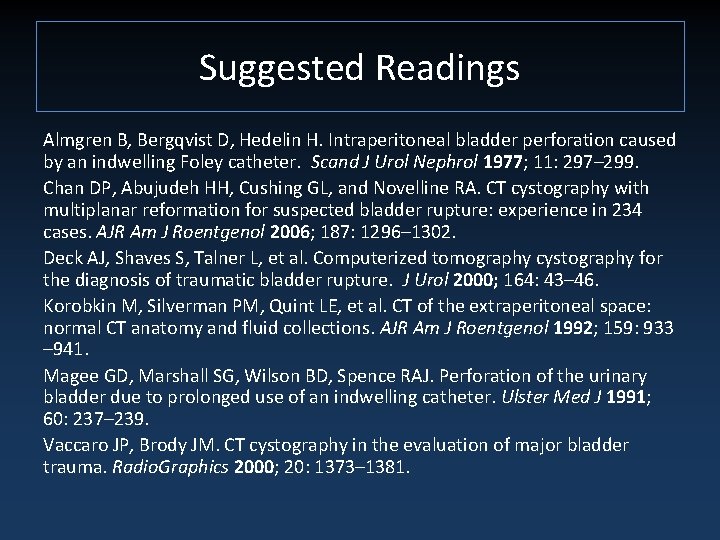 Suggested Readings Almgren B, Bergqvist D, Hedelin H. Intraperitoneal bladder perforation caused by an