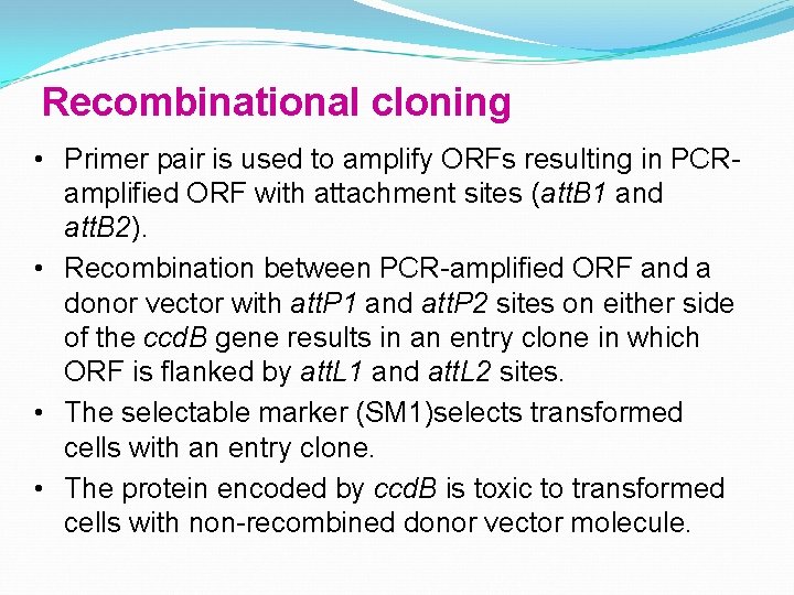 Recombinational cloning • Primer pair is used to amplify ORFs resulting in PCRamplified ORF