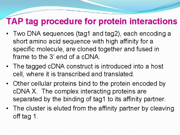 TAP tag procedure for protein interactions • Two DNA sequences (tag 1 and tag