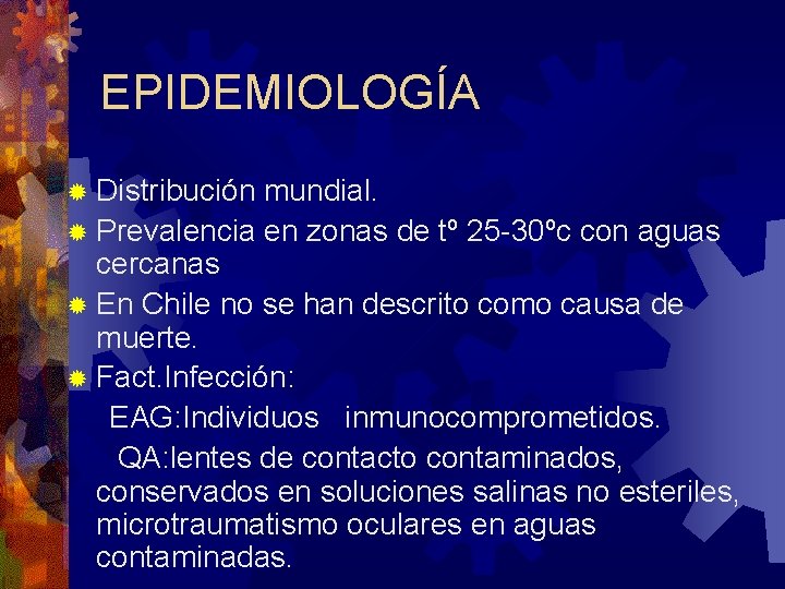 EPIDEMIOLOGÍA ® Distribución mundial. ® Prevalencia en zonas de tº 25 -30ºc con aguas