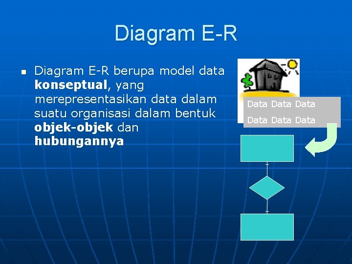 Diagram E-R n Diagram E-R berupa model data konseptual, yang merepresentasikan data dalam suatu