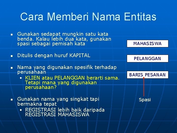 Cara Memberi Nama Entitas n n Gunakan sedapat mungkin satu kata benda. Kalau lebih