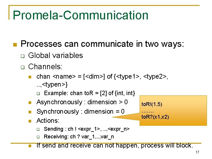 Promela-Communication n Processes can communicate in two ways: q q Global variables Channels: n