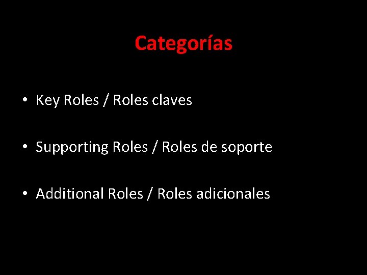 Categorías • Key Roles / Roles claves • Supporting Roles / Roles de soporte