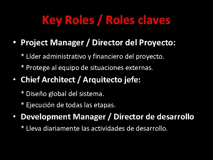 Key Roles / Roles claves • Project Manager / Director del Proyecto: * Líder