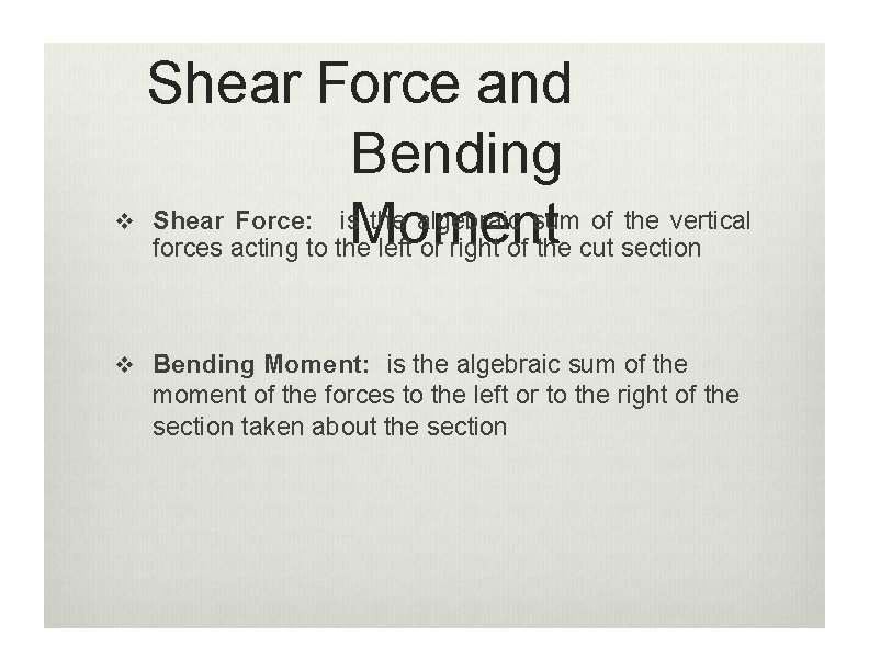Shear Force and Bending Shear Force: is the algebraic sum of the vertical Moment