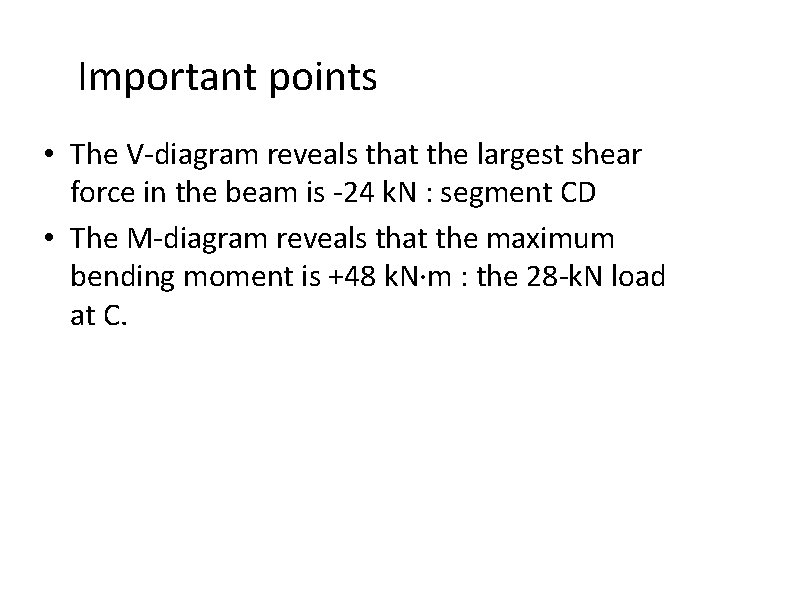 Important points • The V-diagram reveals that the largest shear force in the beam
