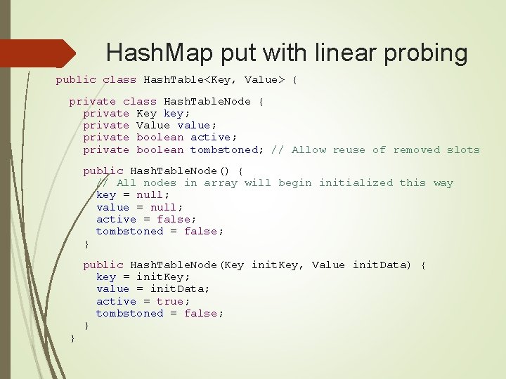 Hash. Map put with linear probing public class Hash. Table<Key, Value> { private class