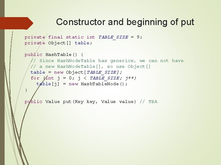 Constructor and beginning of put private final static int TABLE_SIZE = 9; private Object[]