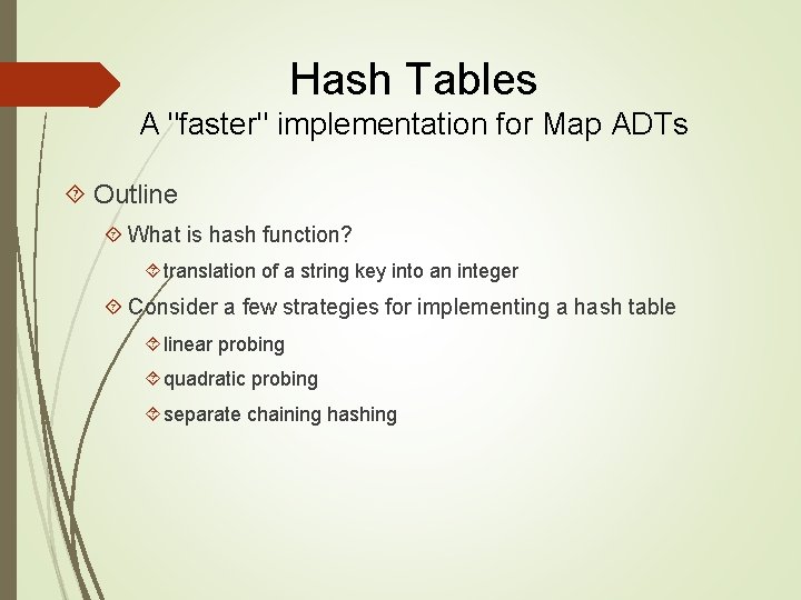 Hash Tables A "faster" implementation for Map ADTs Outline What is hash function? translation