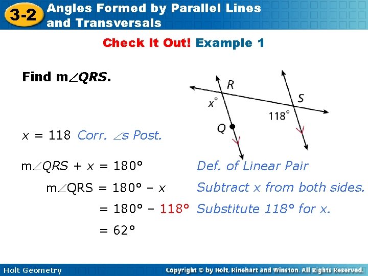 3 -2 Angles Formed by Parallel Lines and Transversals Check It Out! Example 1