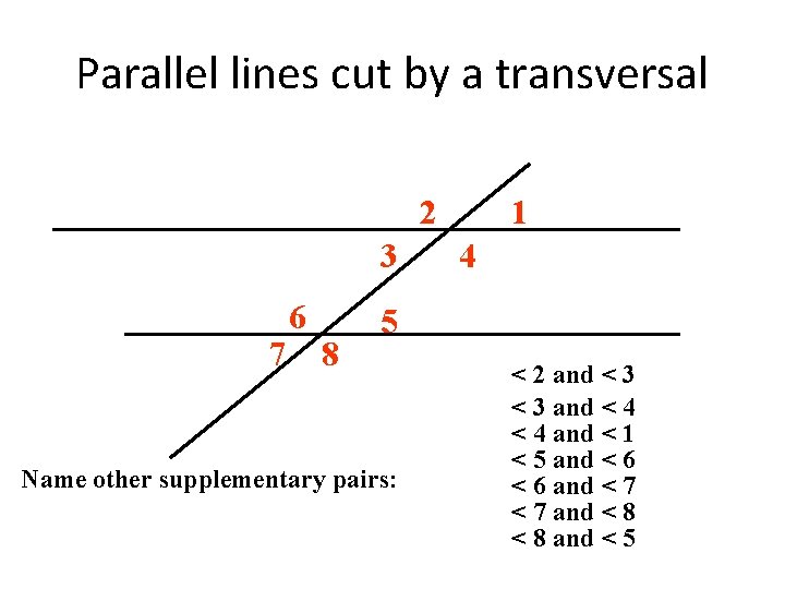 Parallel lines cut by a transversal 2 3 7 6 8 1 4 5