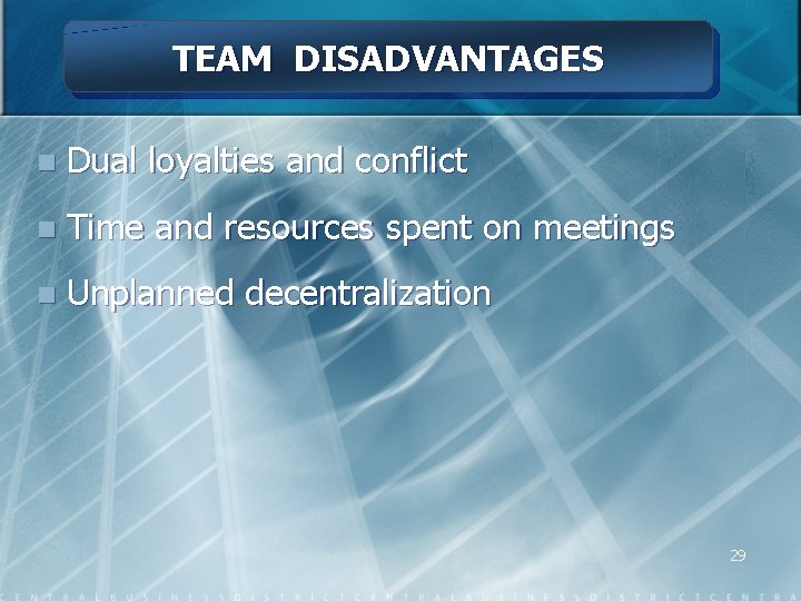 TEAM DISADVANTAGES n Dual loyalties and conflict n Time and resources spent on meetings