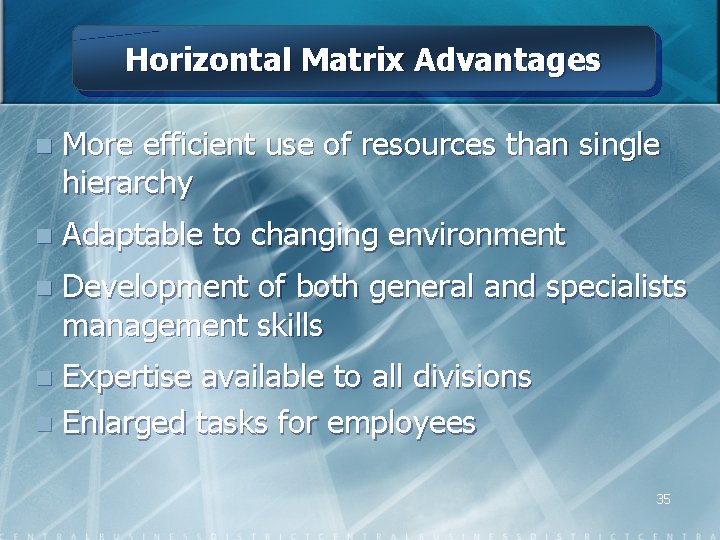 Horizontal Matrix Advantages n More efficient use of resources than single hierarchy n Adaptable