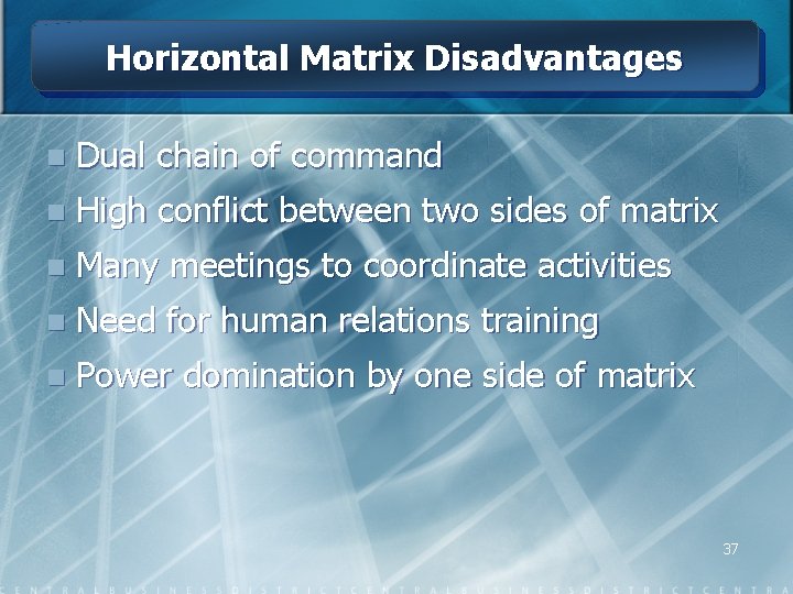 Horizontal Matrix Disadvantages n Dual chain of command n High conflict between two sides