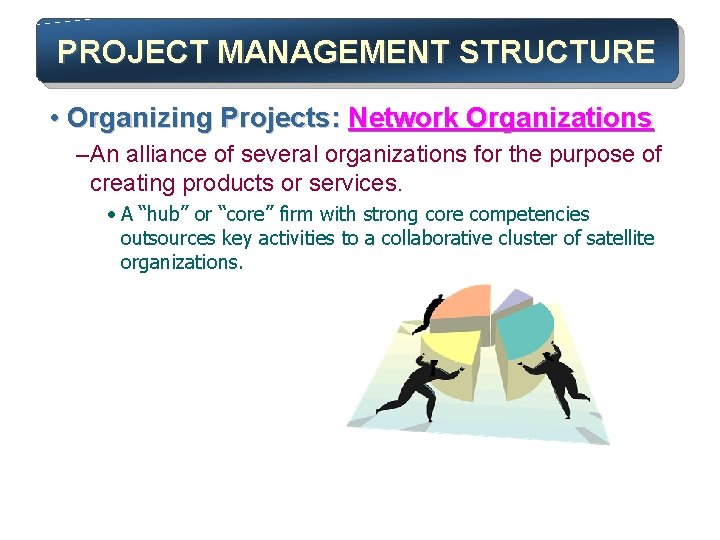 PROJECT MANAGEMENT STRUCTURE • Organizing Projects: Network Organizations – An alliance of several organizations